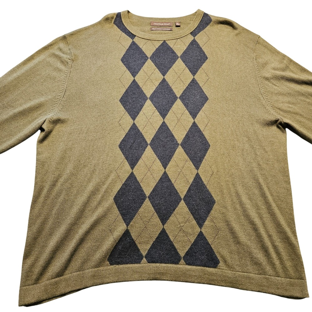 Chatham‎ Road Mens XL Olive Green Argyle Silk Cotton Cashmere Crew Neck Sweater